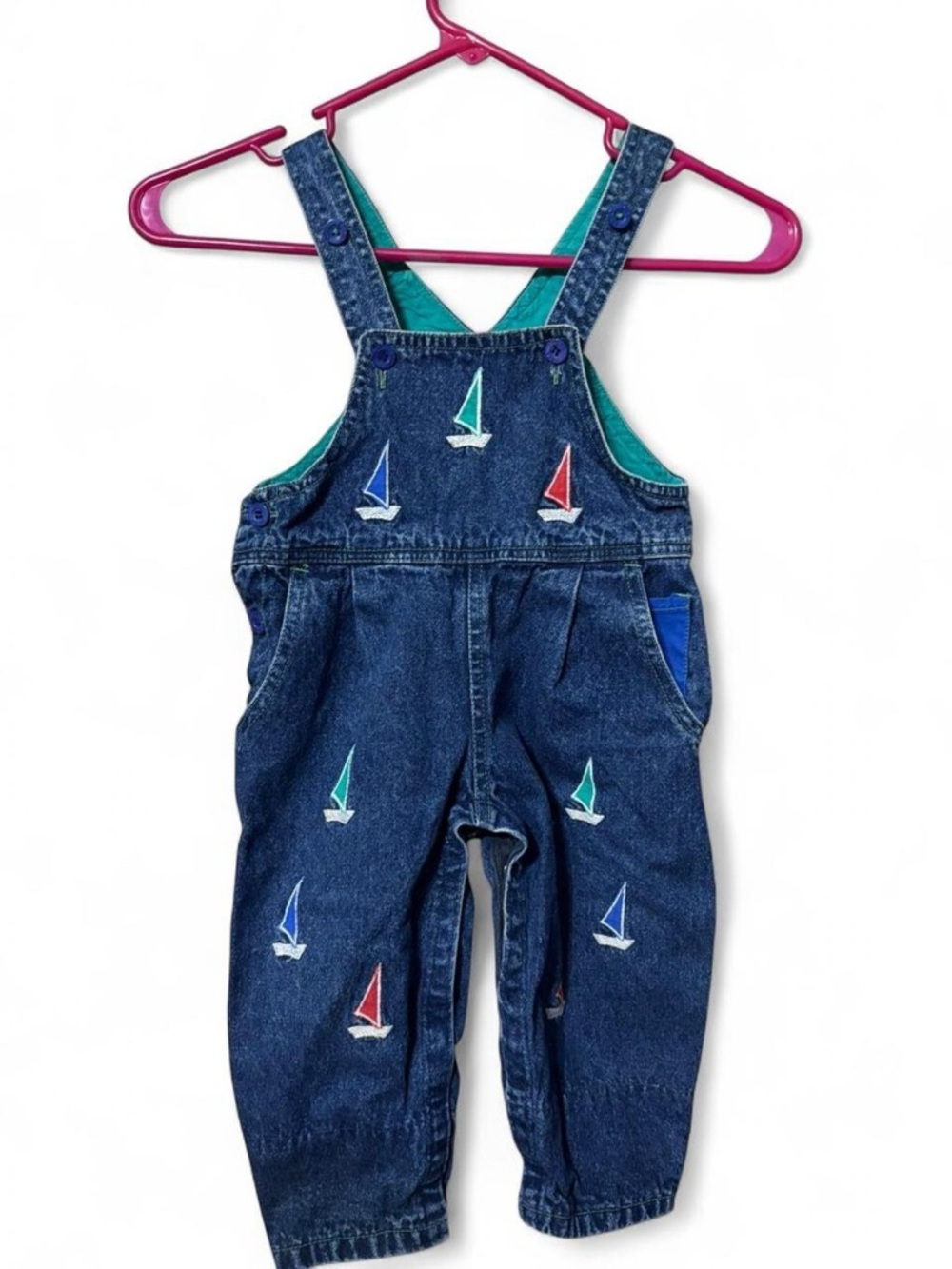 Vintage 90’s Denim Sailboat Embroidered Kids Overalls - Blue